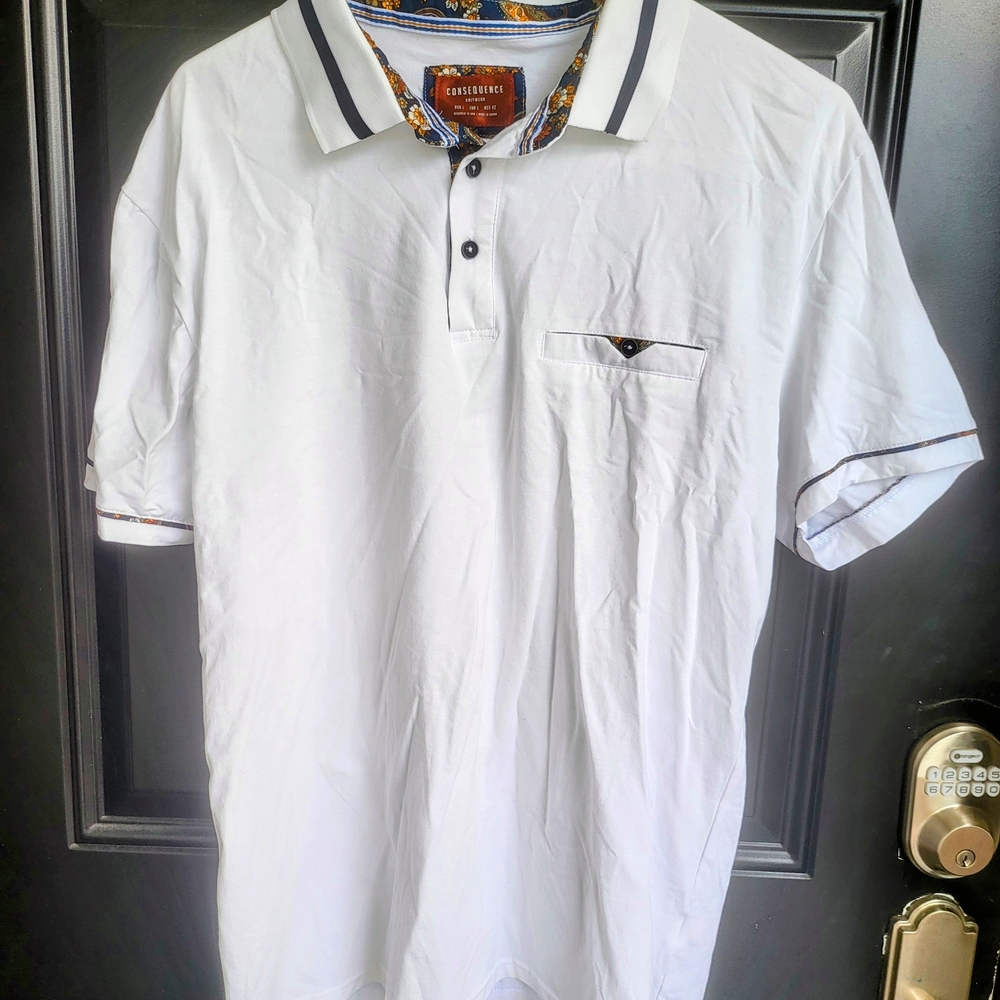 Consequence Shirt Men's Sz L Short Sleeve Mock Pocket Polo White Floral Trim